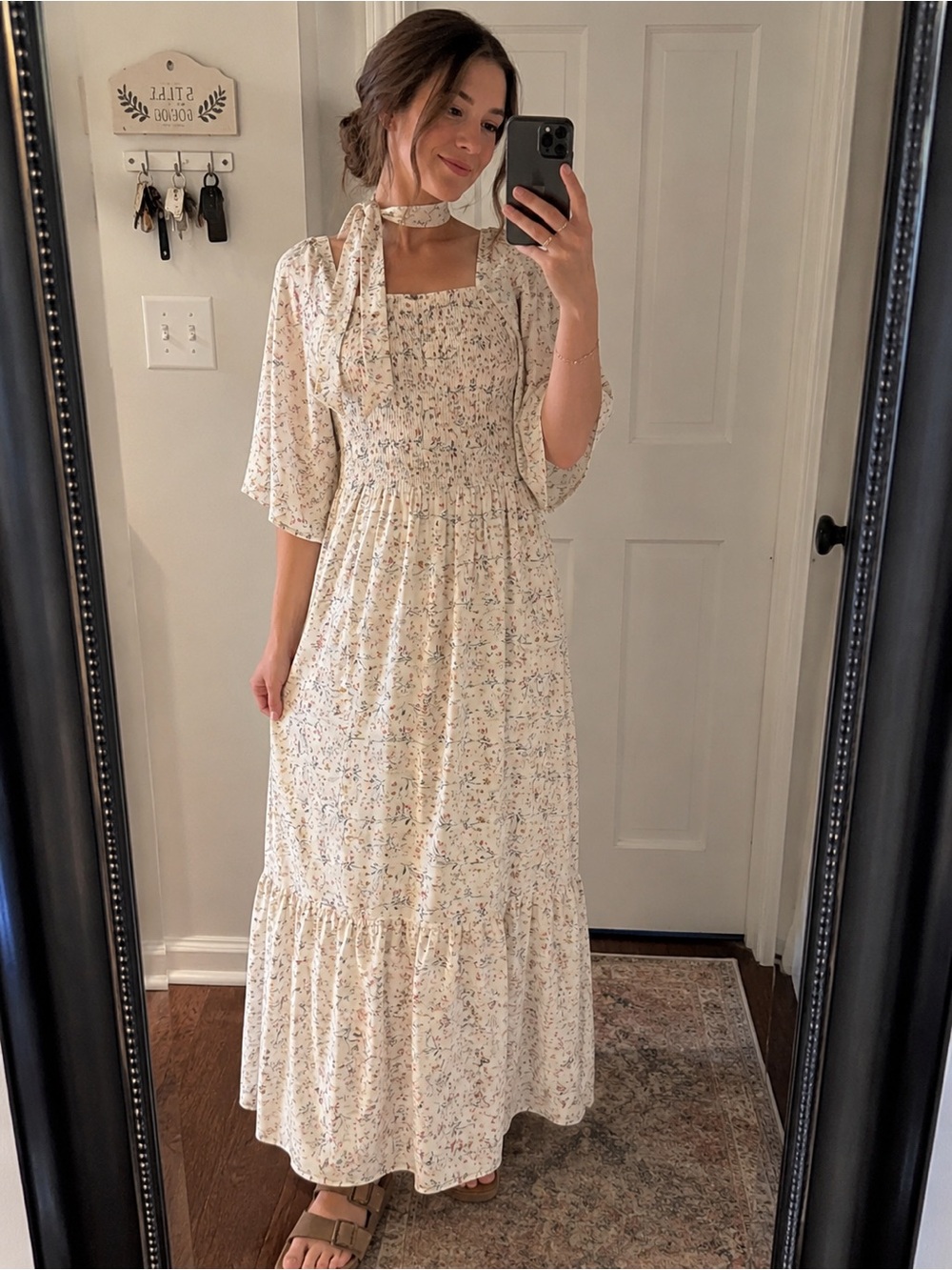 EUC Cream Floral Maxi Dress with Smocked Bodice and Matching Ribbon